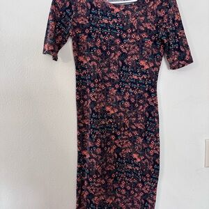 LuLaRoe Navy and Coral Patterned Midi Dress